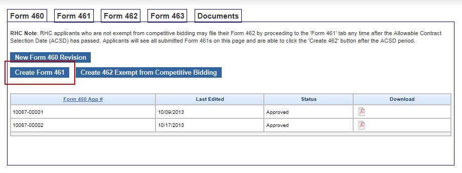 FCC Form 461 Select Create FCC Form 461 HCF