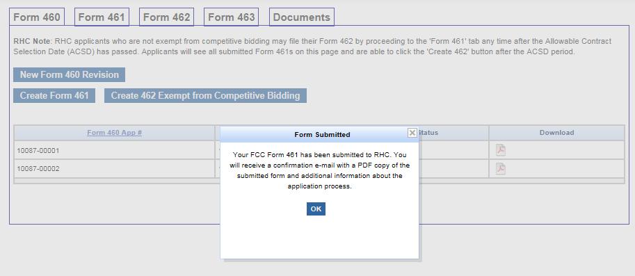 FCC Form 461 Return to Queue You will be notified that the form was submitted and