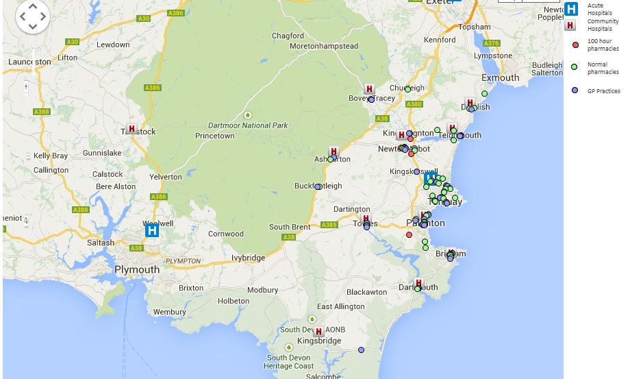 Figure 2: Map of urgent care services in South Devon and Torbay Source: SD&TCCG (2014) Figure 3: Urgent care services in South Devon and Torbay 69 pharmacies, with 6 open 100 hours/week 35 GP