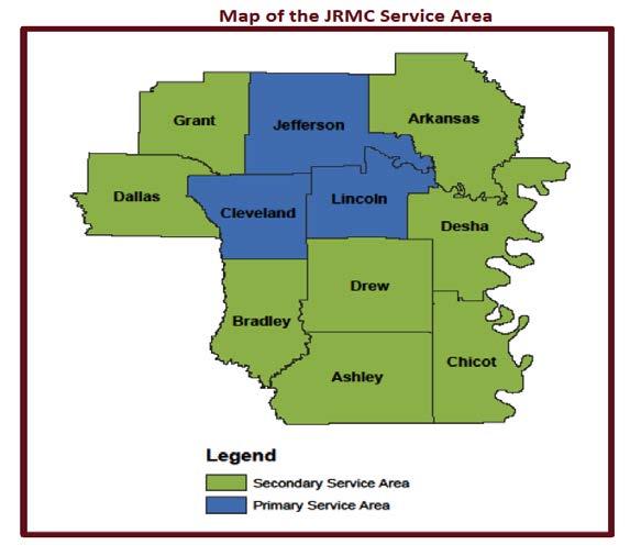 Together, Jefferson, Cleveland and Lincoln counties form the Pine Bluff Metropolitan Statistical Area, which coincides with JRMC s primary service area.