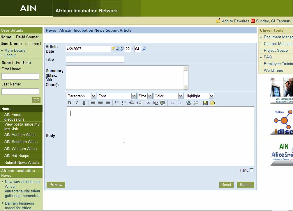 African Incubation Network Modular portal tools