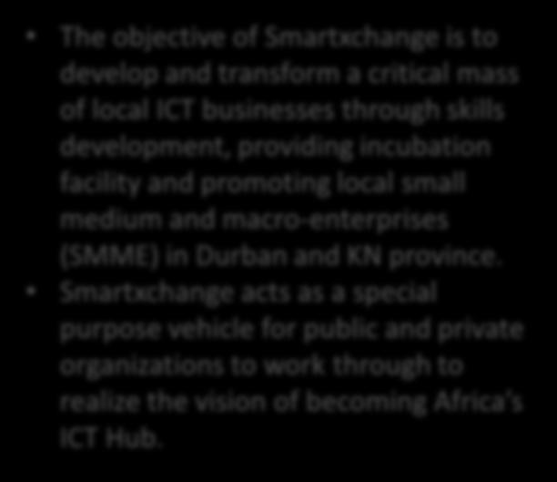 Smartxchange is a technology innovation node and business incubation centre that was established in 2004 to promote and support business in the information communication and technology (ICT) Sector