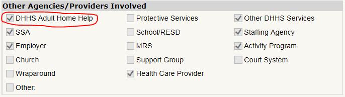 In addition, under the Details tab of the consumer s plan of service, the DHHS Adult Home Help checkbox should be marked under Other Agencies/Providers