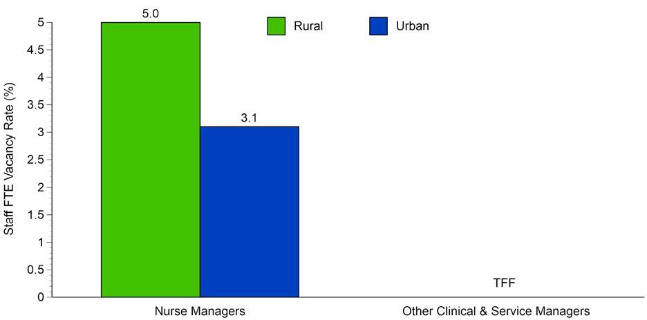 Figure 38. Statewide Staff FTE Vacancy Rates by Type and Rural/Urban Status TFF = Too Few FTEs As can be seen in Figure 38, the vacancy rate for nurse managers was 5.
