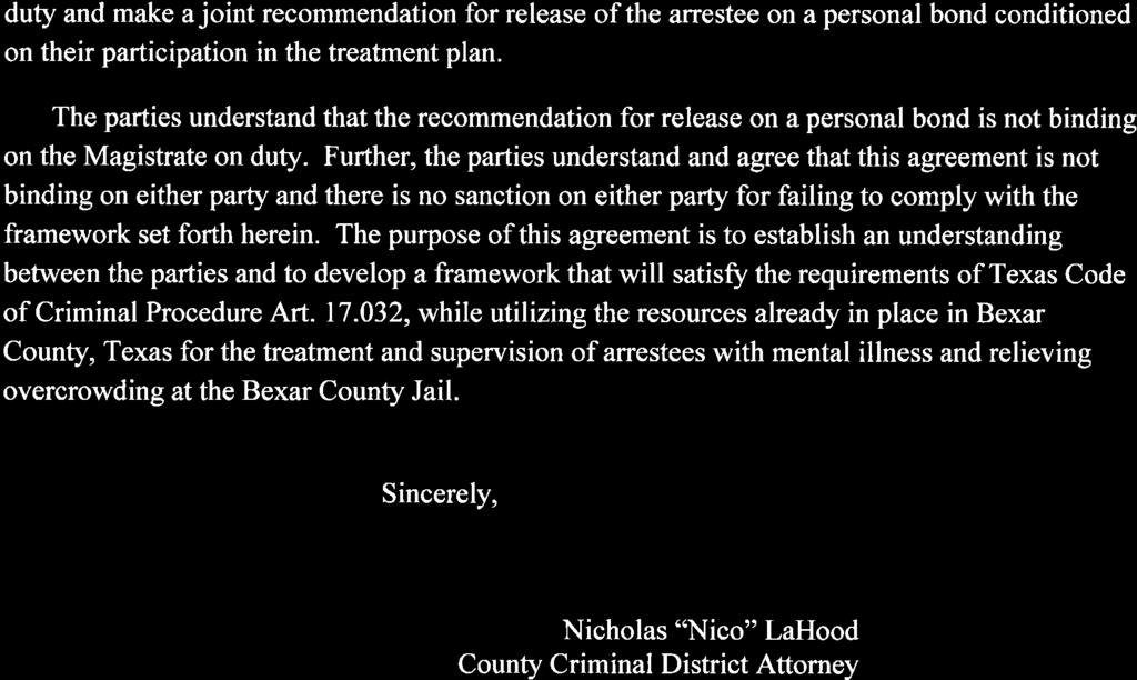 duty and make a joint recommendation for release of the arrestee on a personal bond conditioned on their participation in the treatment plan.