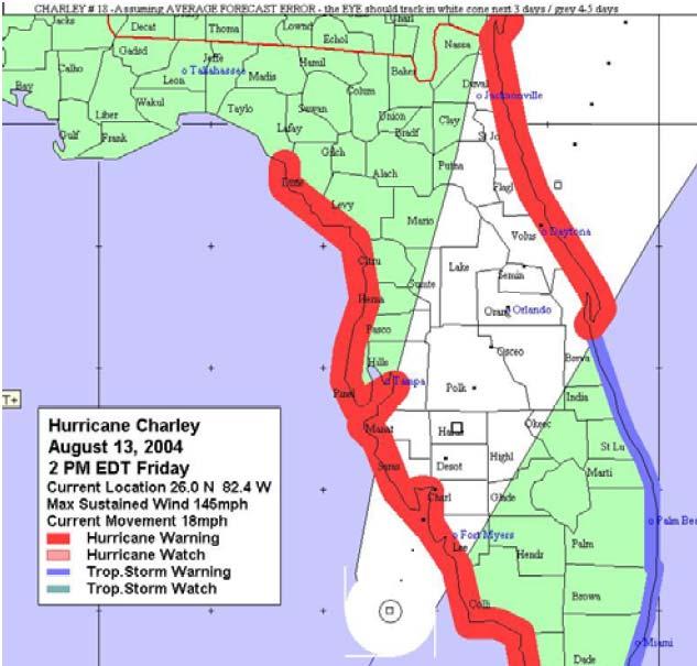 Hurricane Charley FEMORS Timeline: Friday, August 13 th 11:00 am Track to Tampa 1:30 pm Shift to East 1:55 pm SEOC, ESF-8 placed FEMORS on alert FEMORS requested two