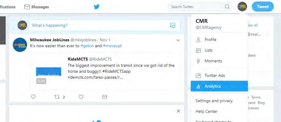 Twitter Analytics Log in to your Twitter account Click on your organization s icon in the top right of