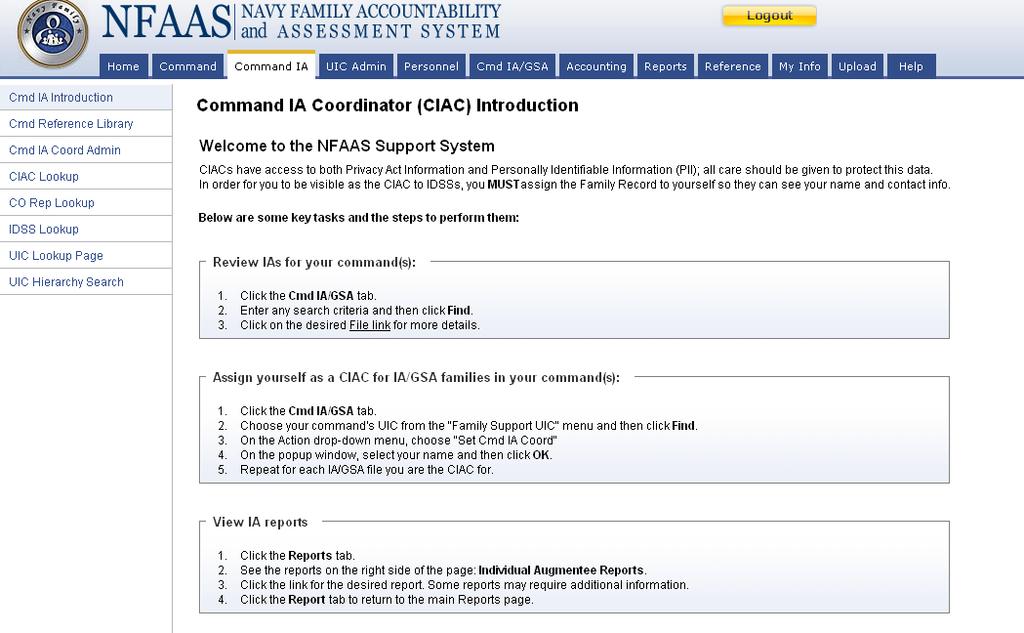 NFAAS: Command IA (Tab) Commanding Officer Representatives (CORs) can