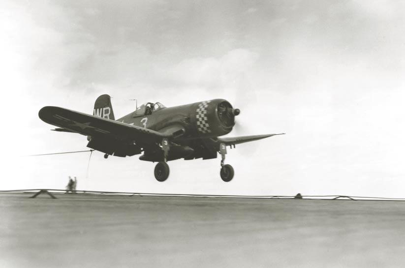 F 4 Corsair landing on USS Sicily, October 1950. The Marine Air-Ground Team National Archives at the Chosin Reservoir By JOHN P.