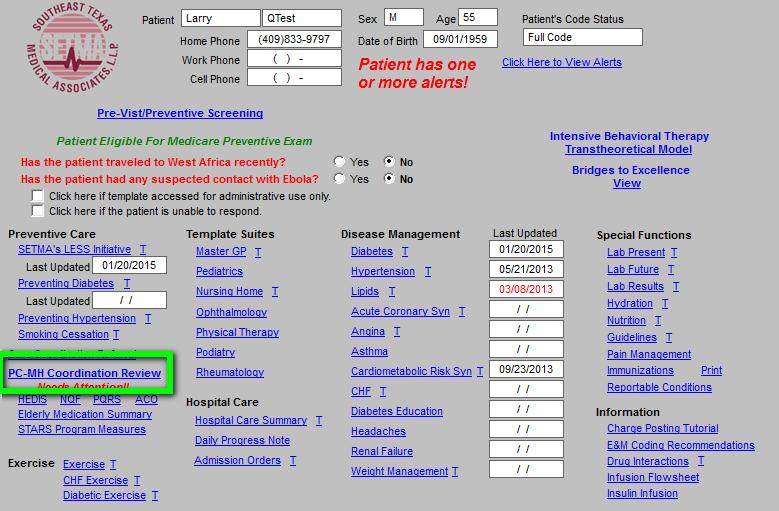 SETMA s Deployment of HEDIS @ The first screen of SETMA s Electronic Medical Record is seen below. In the first column is a hyperlink entitled PC-MH Coordination Review (seen outlined in Green below).