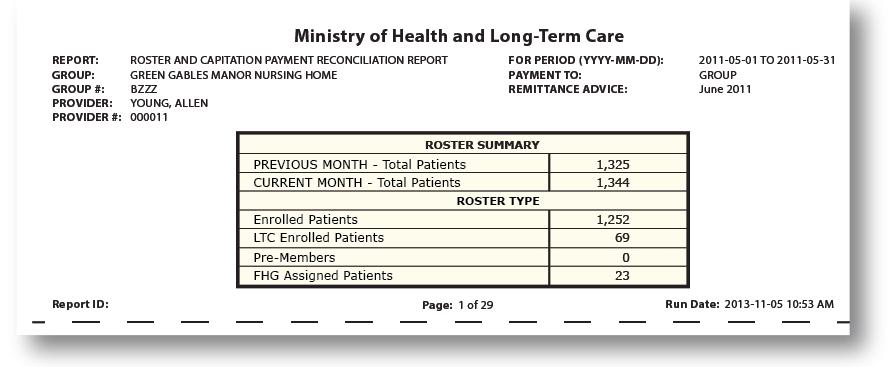 Roster Summary Details The first page of the Roster and Capitation Payment Reconciliation Report will provide Roster Summary details (see Sample 2). Sample 2: Illustration of the Roster Summary.