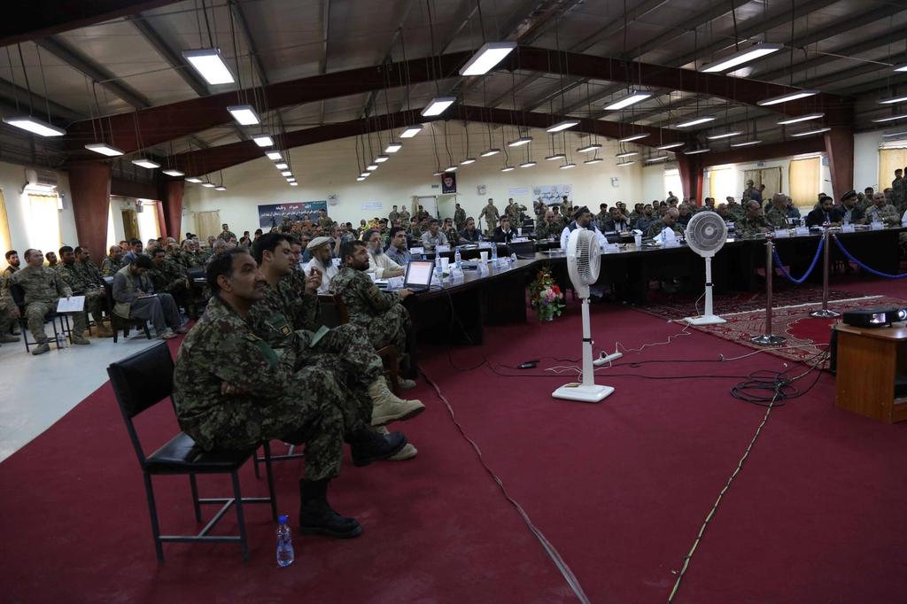 U.S. Army Soldiers, Afghan National Army soldiers, Provincial Governors, and Afghan National Civil Order Police attend the Summer Campaign conference at Forward Operating Base Gamberi, Laghman