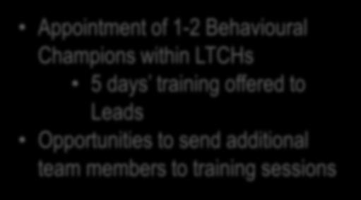 Champions within LTCHs 5 days training offered to Leads Opportunities to