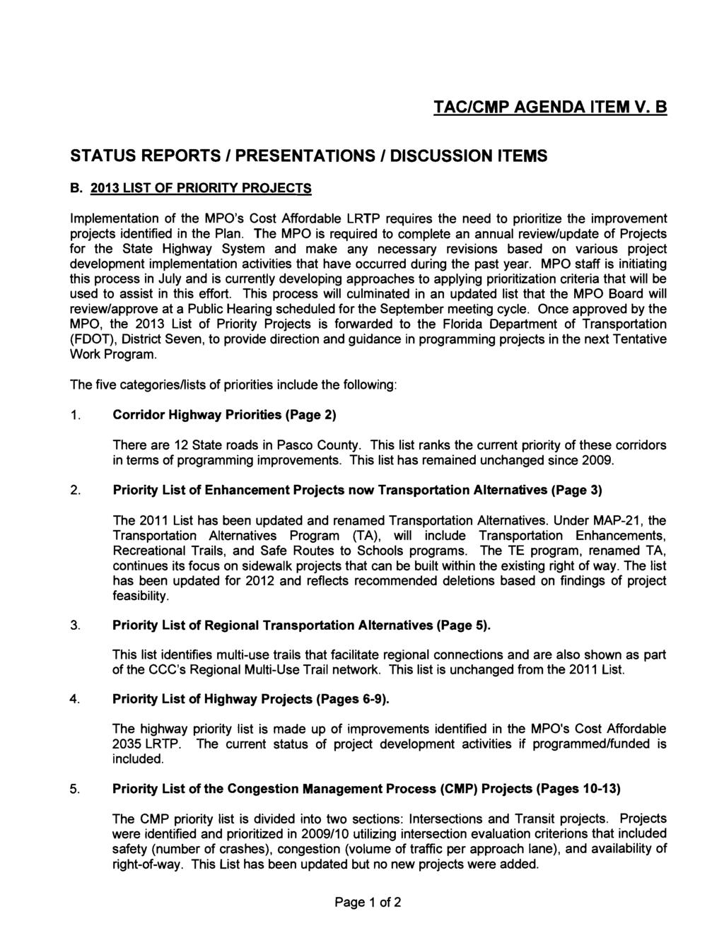 TACICMP AGENDA ITEM V. B STATUS REPORTS I PRESENTATIONS I DISCUSSION ITEMS B.