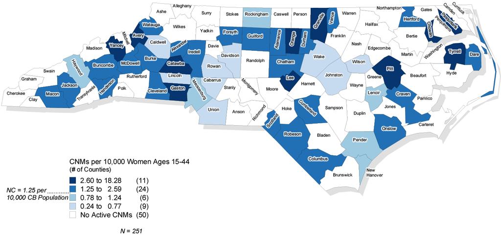 Half of NC s counties have a CNM, distribution in clusters around state Certified Nurse Midwives (CNMs) per 10,000 Women Ages 15-44 North Carolina, 2014 Note: Data include all active, in-state CNMs