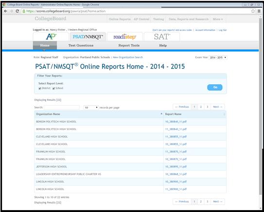 Reporting Portal: AP, PSAT High school names,