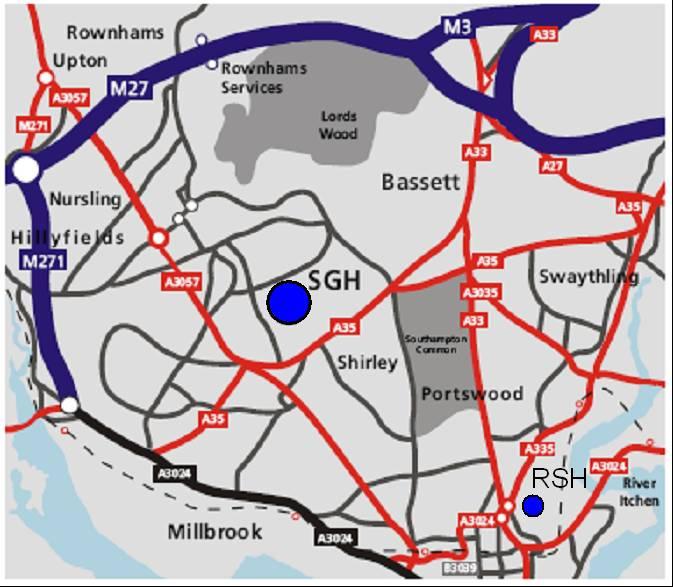 4.2.2 The location of the acute (SGH and RSH) sites is shown on the following map. Table 3 acute sites 4.3 Southampton Healthcare 4.3.1 Three NHS organisations currently provide healthcare to the population of Southampton.