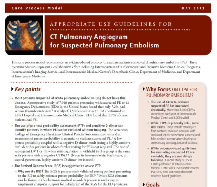 Physician-Involved Clinical Improvements CT Pulmonary Angiogram Results Guideline adherence increased from 45% to 70% in