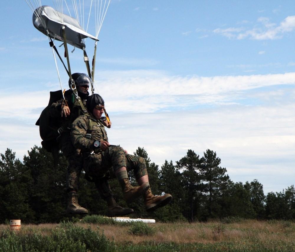Marines complete a tandem jump during Northern Strike. (Michigan National Guard photo by Sgt.