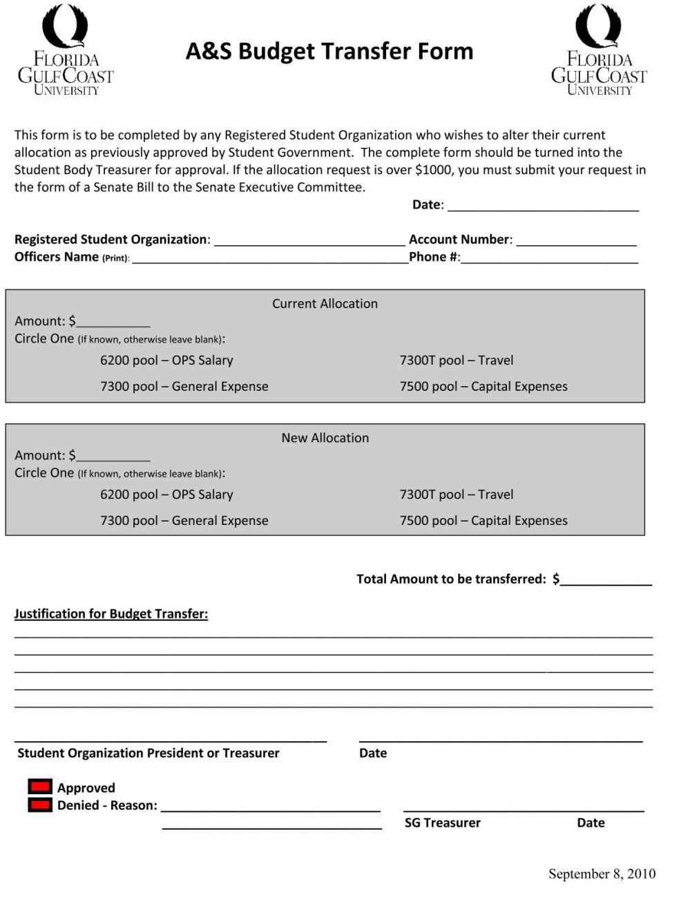 A&S BUDGET TRANSFER FORM A&S Budget Transfer Use this form to move money between the budget pools.
