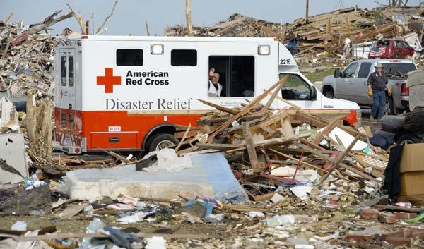 An American Red Cross disaster relief van distributes hot meals in Moore, Oklahoma, following a tornado in May 2013.