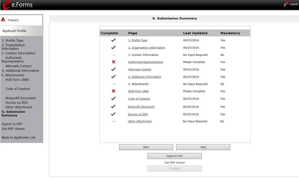 The following image shows the Applicant Profile Submission Summary screen with items that still need to be completed. Note that the "Complete" button is gray-shaded, and you cannot select it.