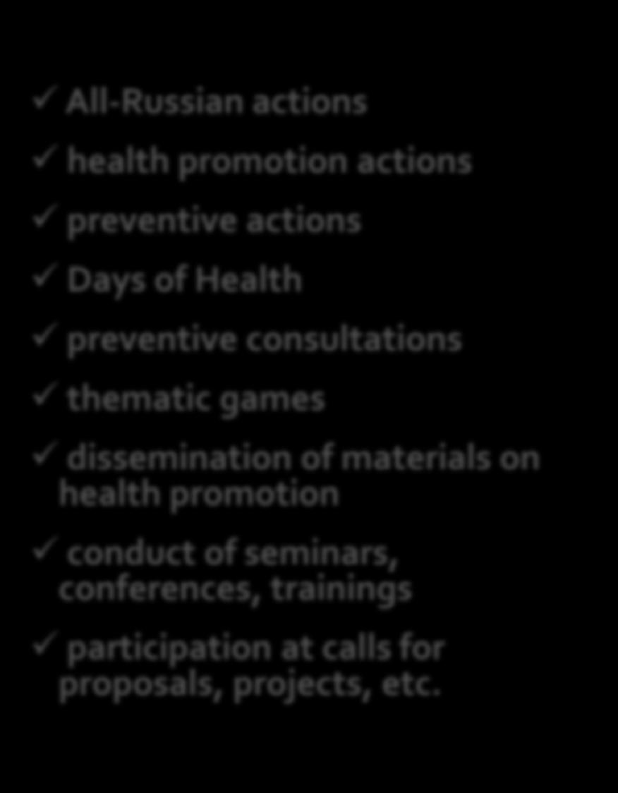 consultations thematic games dissemination of materials on health promotion conduct of