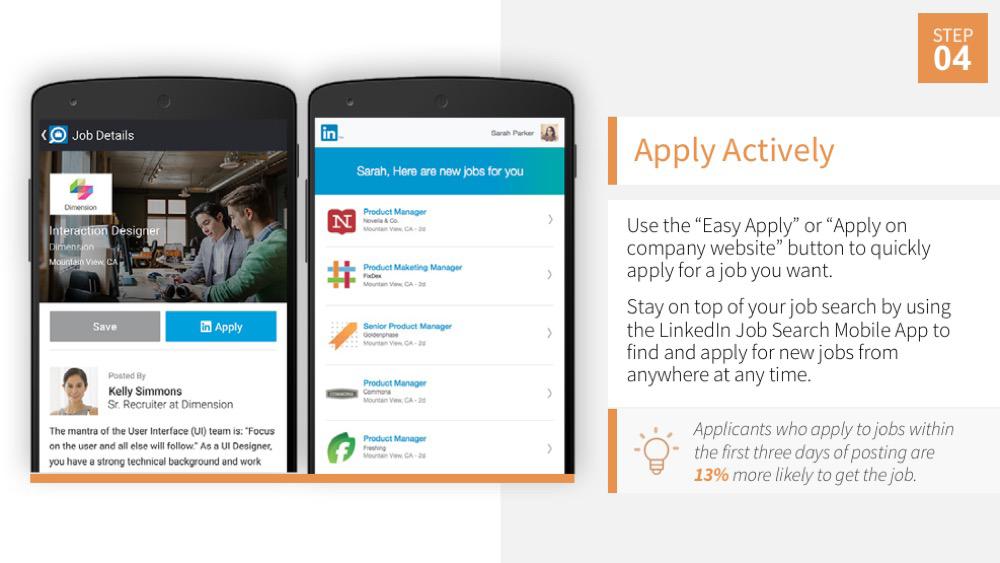 SHOW: Slide 28: Apply Actively SAY: On each job posting, you ll see either the Easy Apply or Apply on company website button to apply for the job.