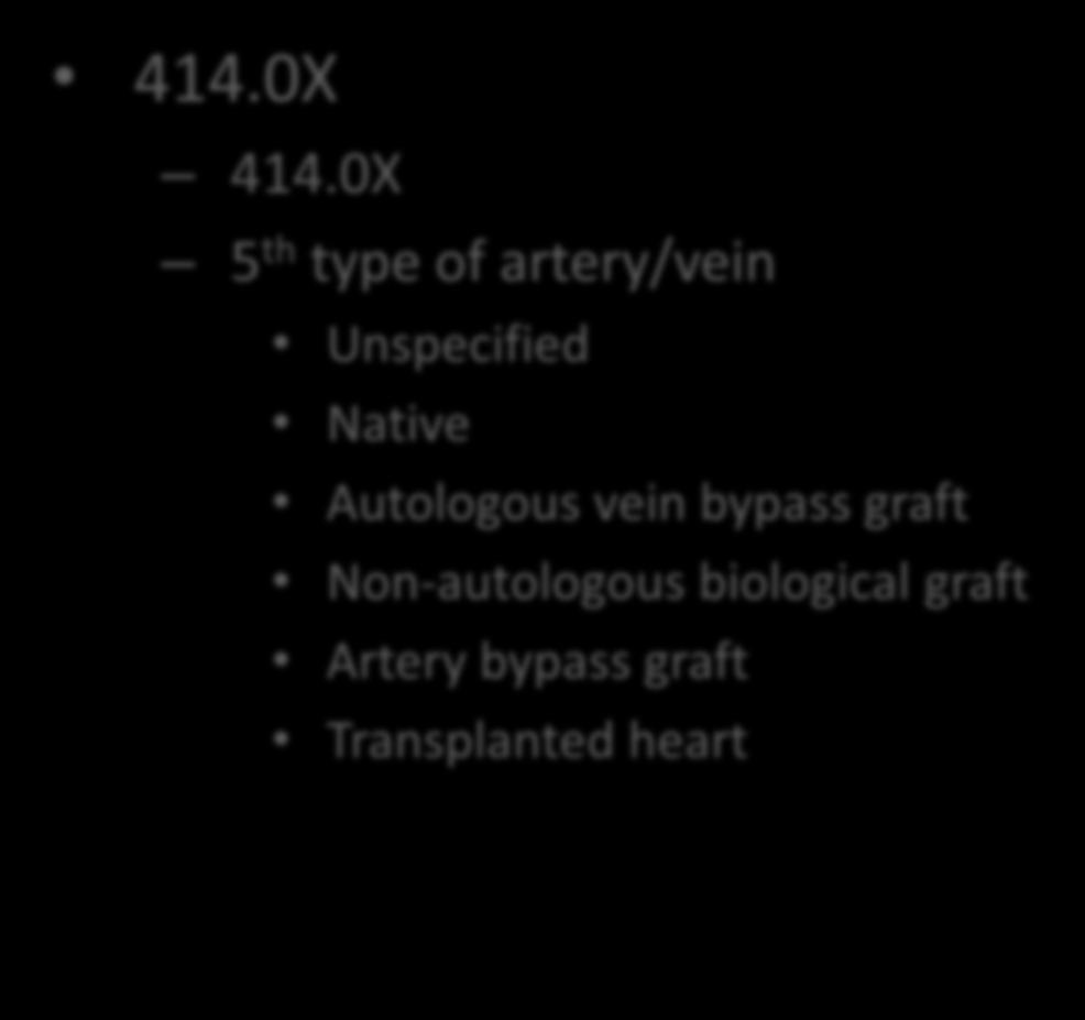 Coronary Artery Arteriosclerosis (CAD) ICD-9 414.0X 414.