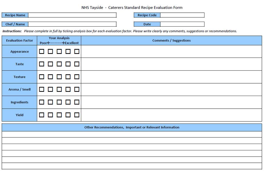 APPENDIX 1: NHS Tayside Caterers Standard Recipe Evaluation Form Policy Manager:
