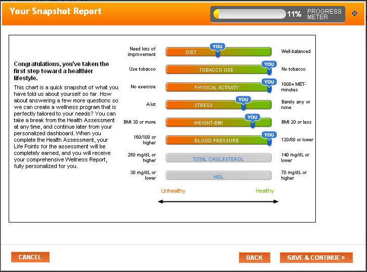 Health Assessment Save and resume any time Snapshot Report shows