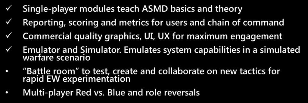 Functionality and Capability Single-player modules teach ASMD basics and theory Reporting, scoring and metrics for users and chain of command Commercial quality graphics, UI, UX for maximum
