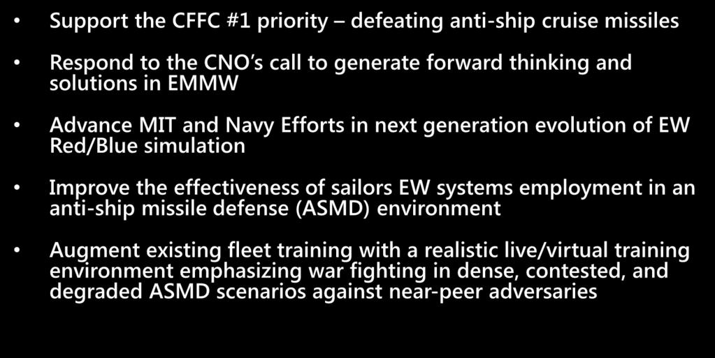 effectiveness of sailors EW systems employment in an anti-ship missile defense (ASMD) environment Augment existing fleet training with a