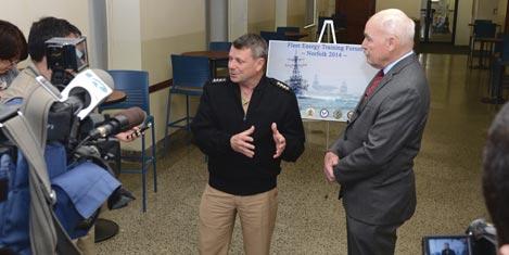 ASN (E,I&E) Dennis McGinn and Admiral Bill Gortney, commander, USFF, speak to local media during a one-day energy training event for 400 operational leaders at Naval Station Norfolk. MC2 Jonathan E.