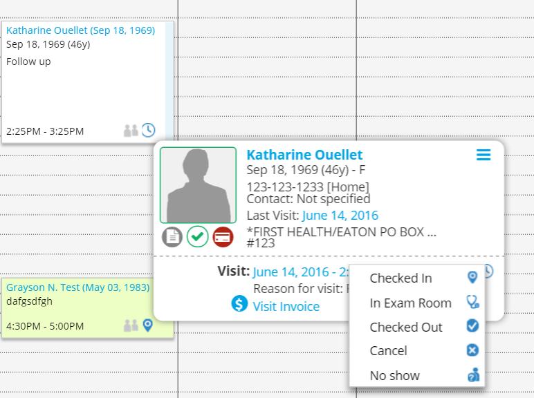o Scheduling Continued From the same pop-up you can mark the patient as Check In, In Exam Room, and Checked Out If a visit needs to