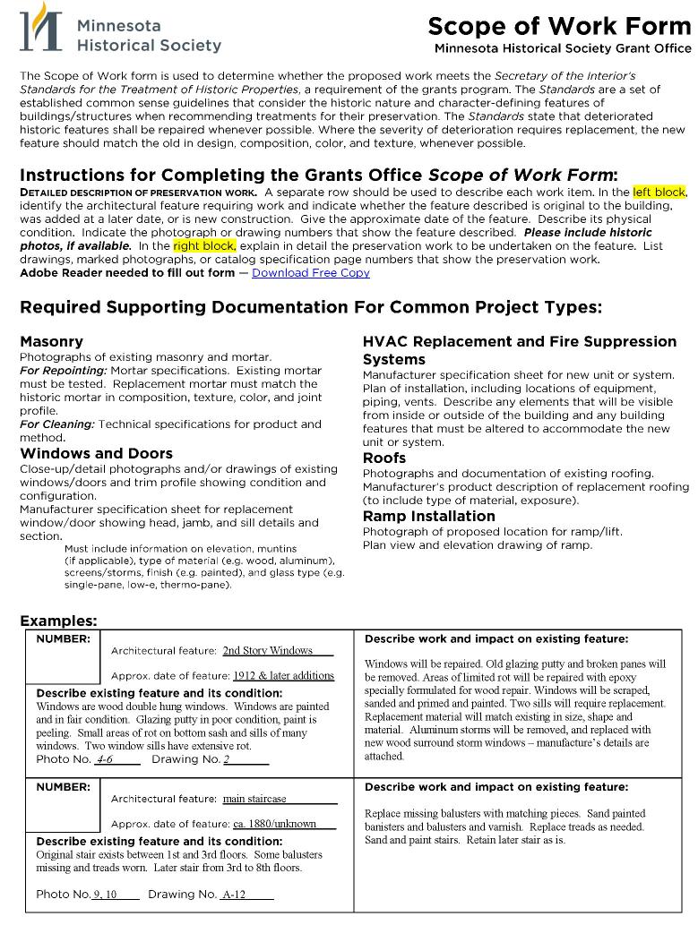 APPENDIX D Scope of Work Form An electronic version of the Scope of Work Form can be found in the MNHS grants portal