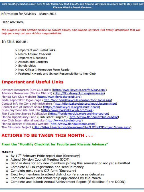 Example Advisor Email Also make sure you are receiving an Advisor email, at least once a year.