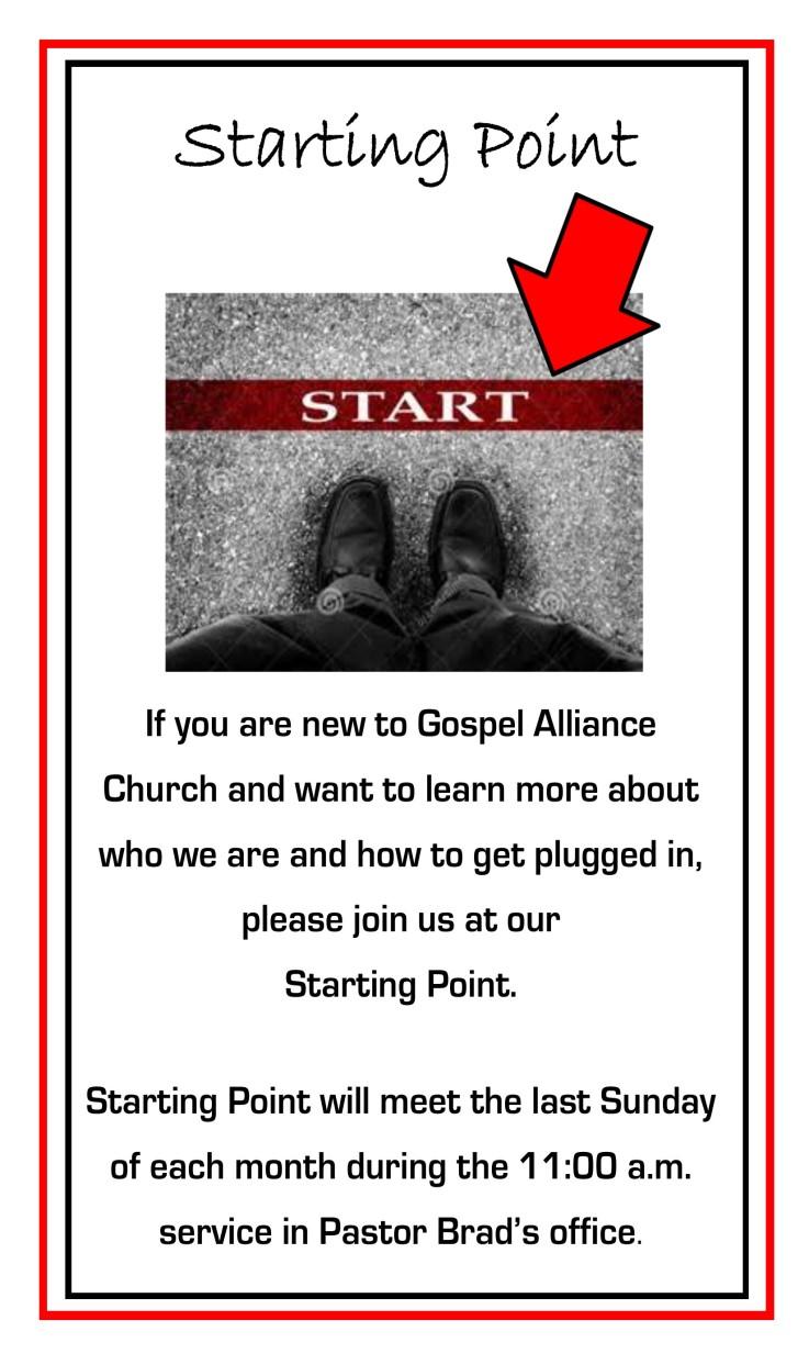 Church, please join us for Starting Point class on the last Sunday