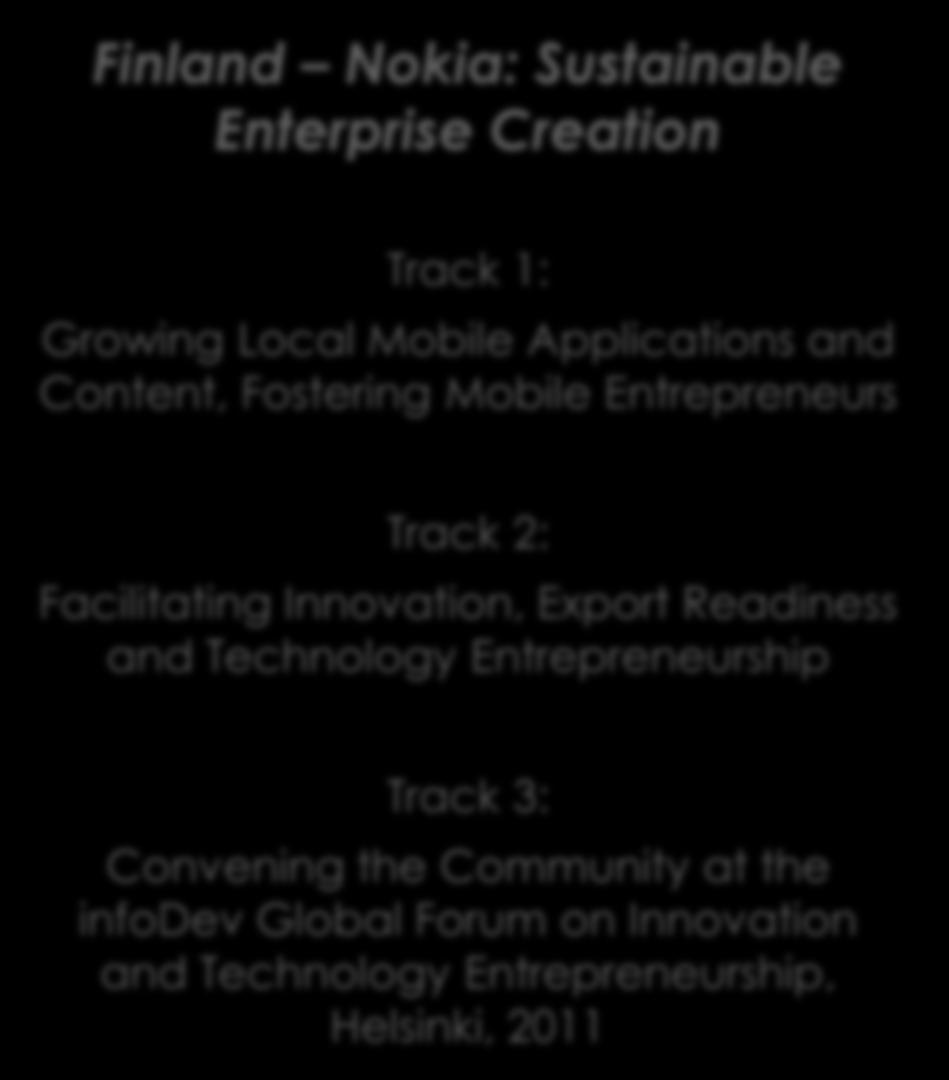 infodev s Programs Finland Nokia: Sustainable Enterprise Creation Track 1: Growing Local Mobile Applications and Content, Fostering Mobile Entrepreneurs Track 2: Facilitating