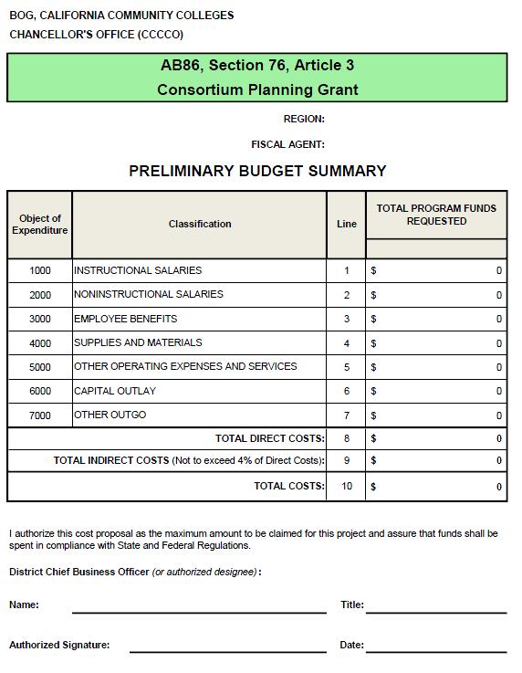 B.4 Preliminary Budget Summary Form The Preliminary Budget Summary is located in the attachment to the Certification of eligibility.