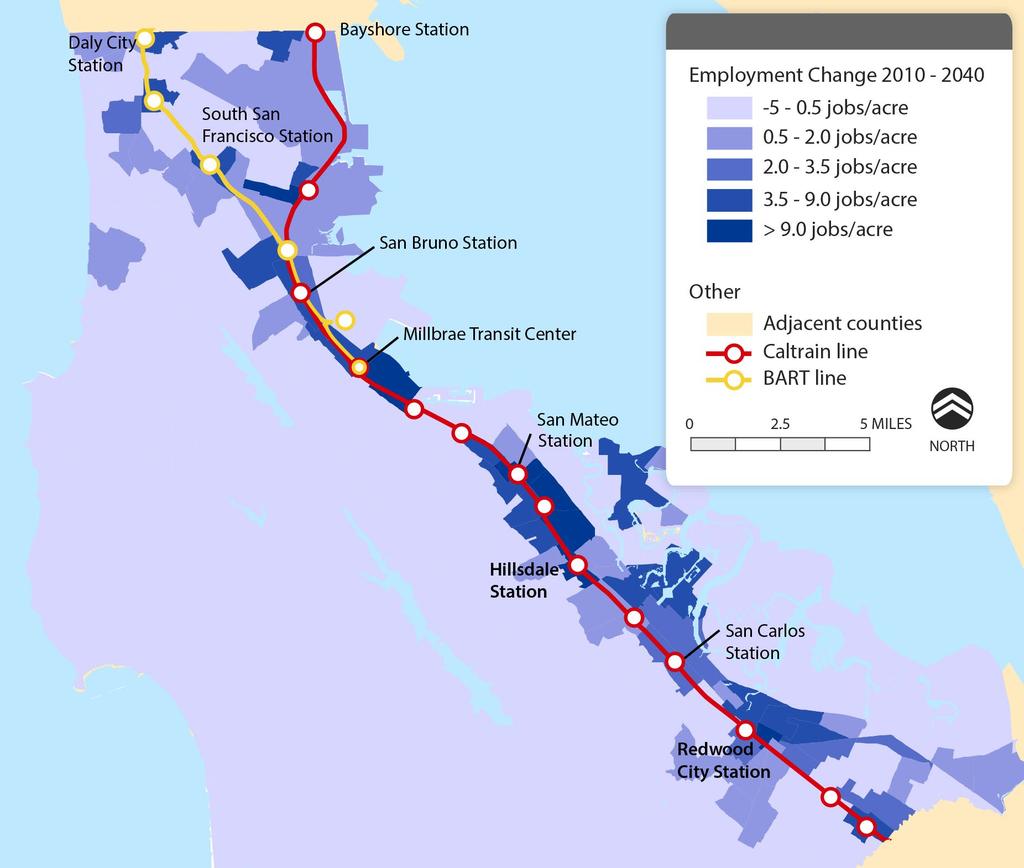 Population and employment growth along transit corridors is based on the Association of Bay Area Governments (ABAG) projection of growth in Planned Development Areas (PDAs) near station areas and