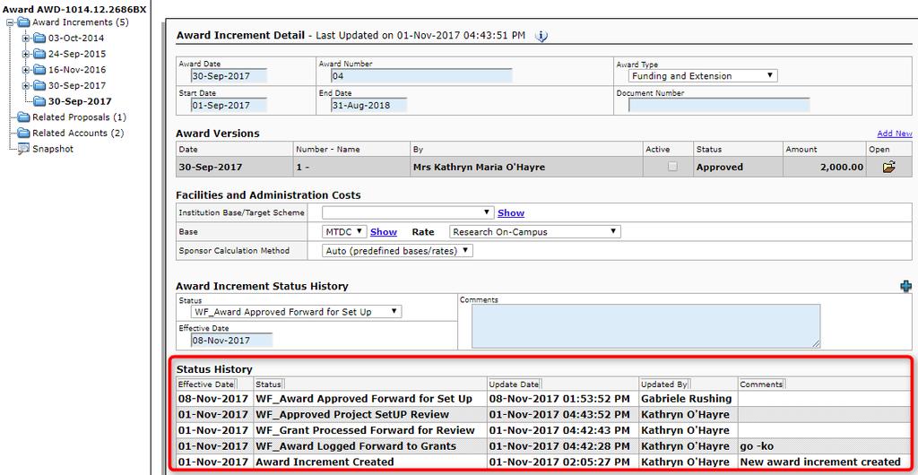 5. To view the complete status history for a specific award increment, click for the increment.