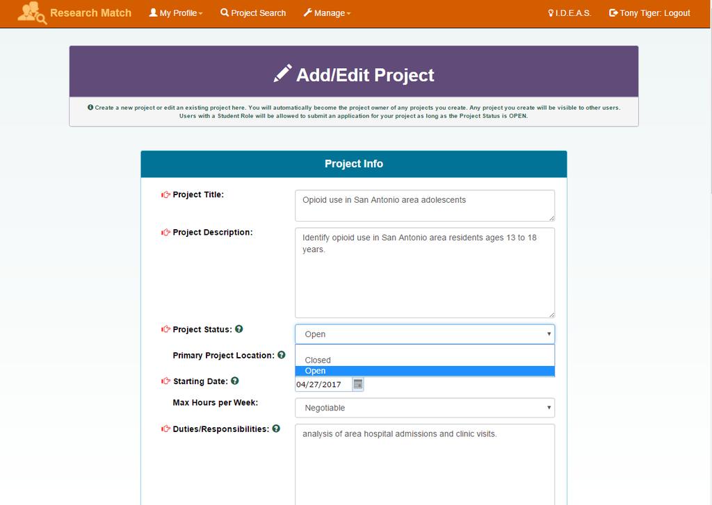 3. Make the changes necessary. To close a project, locate Project Status and select Close 4.