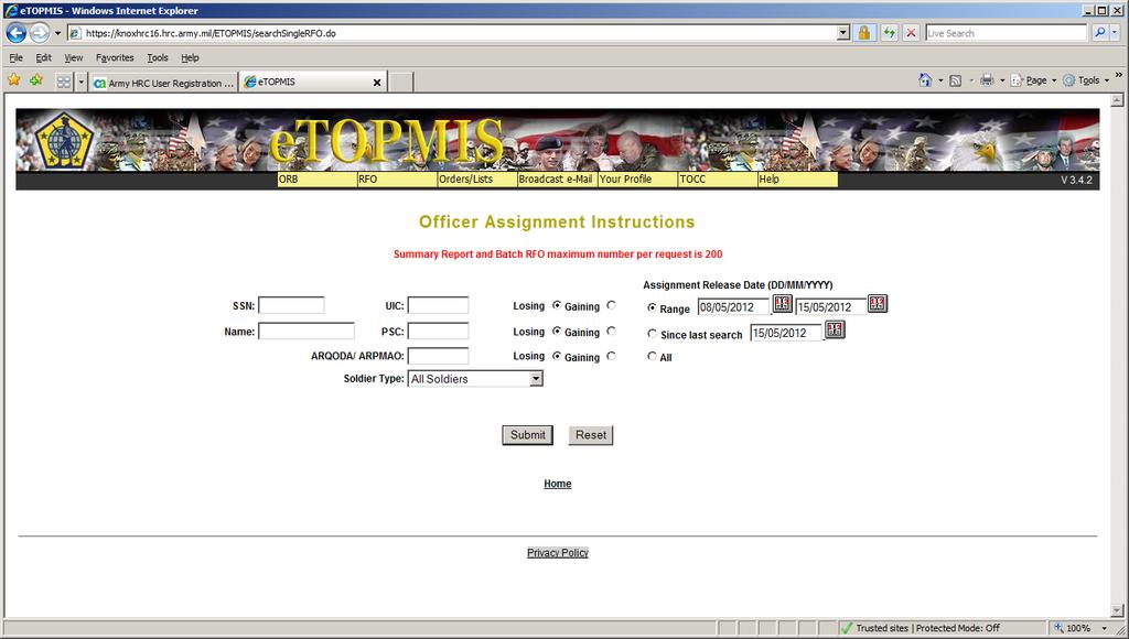 etopmis 1. Move your cursor over the RFO tab 2. Click on Single/Batch RFO 3. Type FCTH next to CMD/PMA 4.