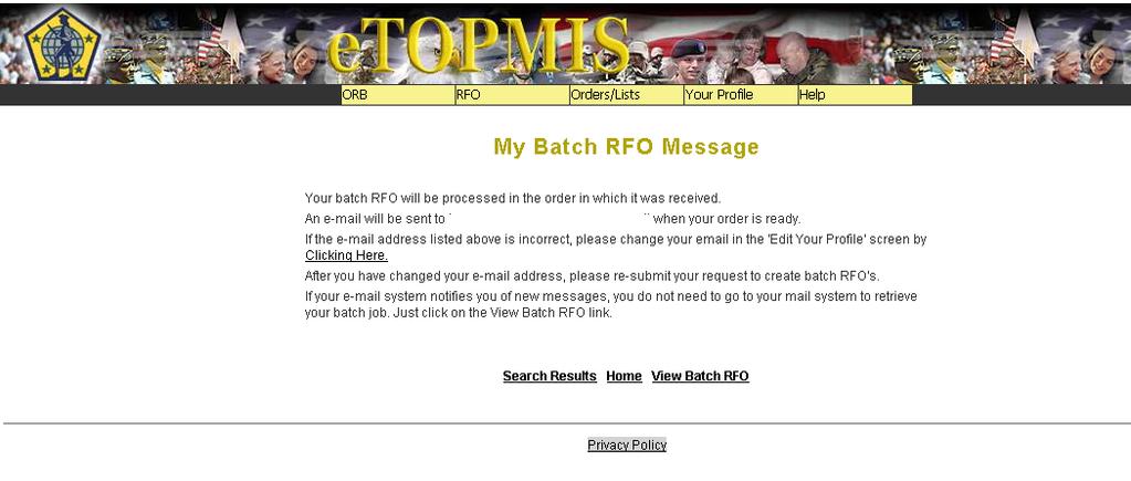 etopmis Click on the back arrow located in your tool bar Click on the Create Batch RFO tab The system will send you an email message (similar to the one below) once your batch RFOs are ready for