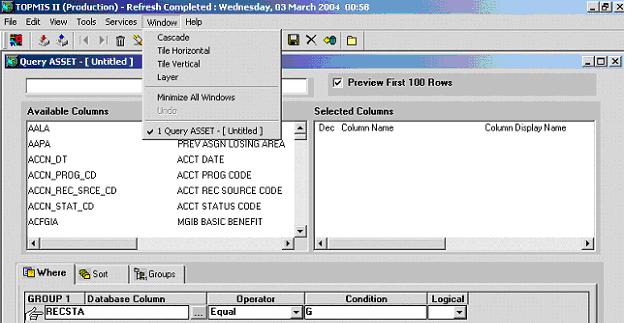 Overview ASSET II Query System Window - Standard Window features -