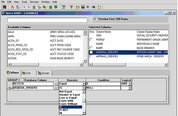 Complex Queries Exercises EXERCISE 11 Exercise no. 11 will allow you to select active duty officers who are on orders. <Click> on Preview First 100 Rows box.