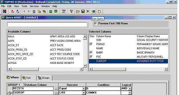 Complex Queries Exercises EXERCISE 15 Exercise no. 15 will allow you to select active duty officers that currently have a duty description of commander. 1. <Click> on Preview First 100 Rows box. 2.