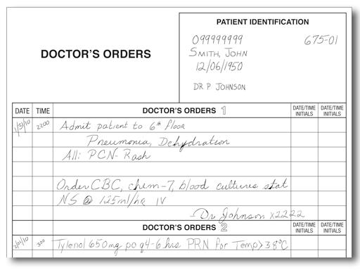 Medication Orders Standing order A standard medication order for patients to receive medication at scheduled intervals (e.g., 1 tablet every 8 hours).