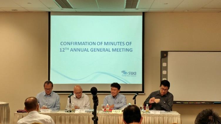SINGAPORE WATER ASSOCIATION 13 TH ANNUAL GENERAL MEETING 5 October 2016, WaterHub The thirteen AGM of the Association held on 5 October at WaterHub was attended by 34 members.
